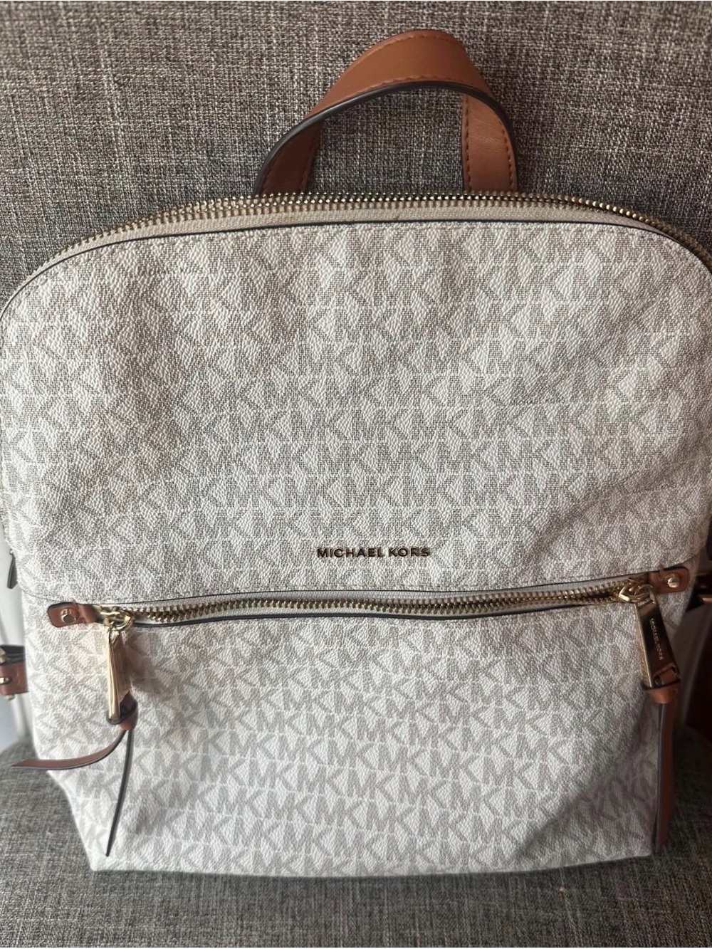SOLD- Michael Kors Cream Signature MK Logo Backpack with Tan Accents